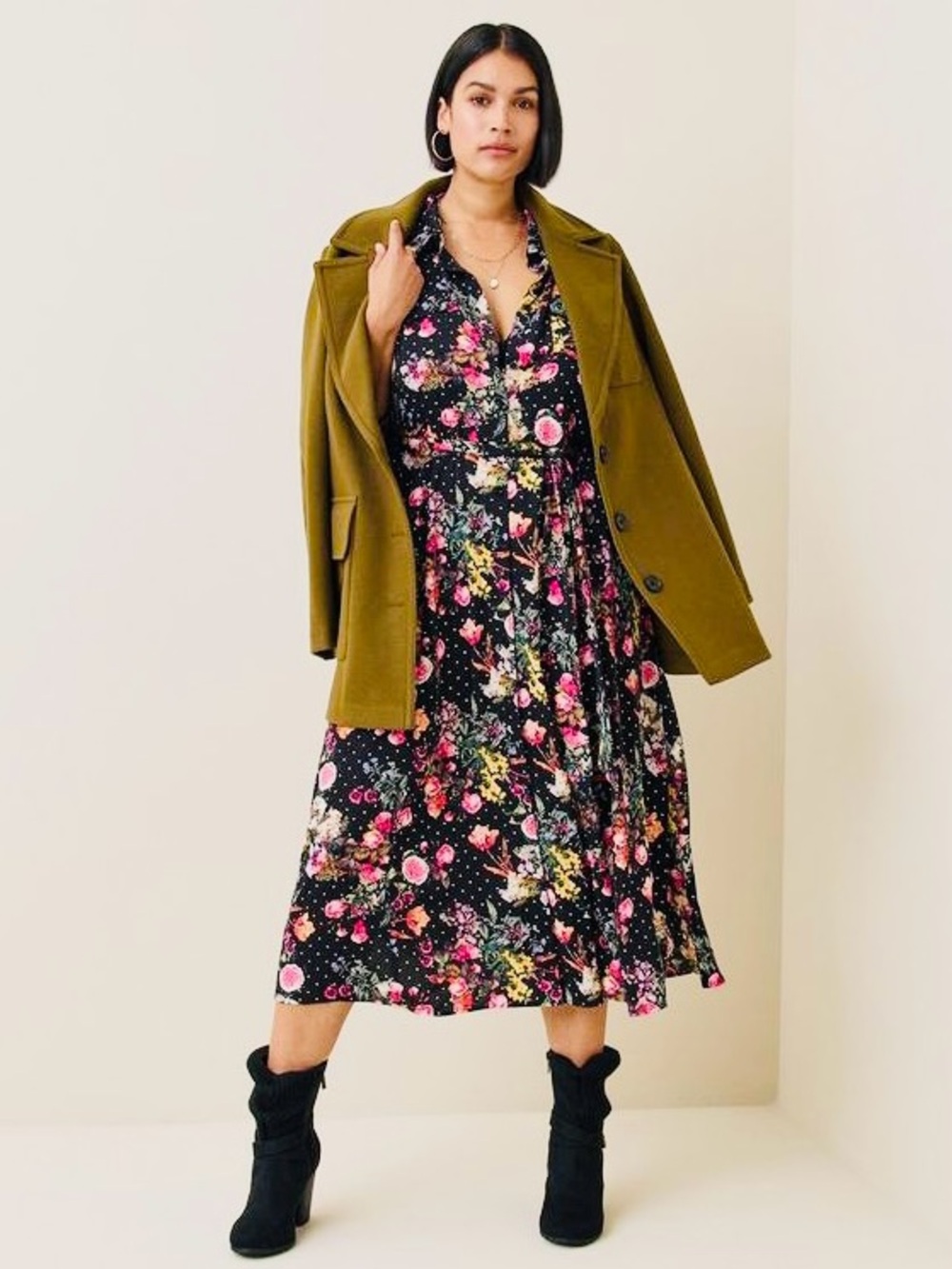 Torrid Tea-Length Floral Polka Dot Button Shirt Dress Tie Waist Black Pink 2 EUC